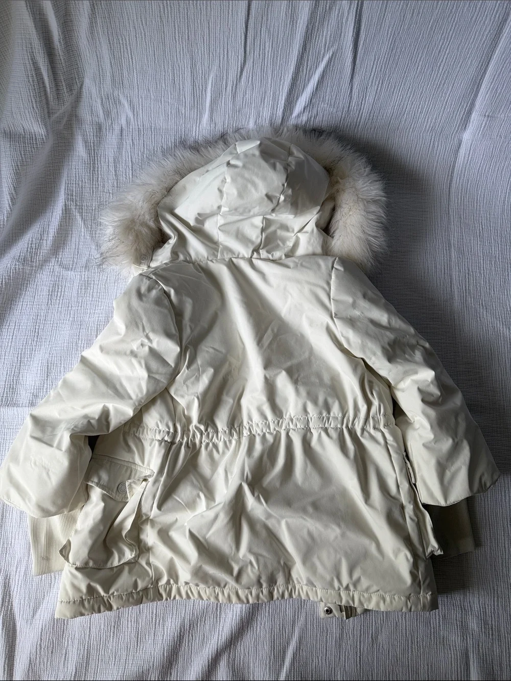 Girls' Cream Hooded Puffer Coat with Faux Fur Trim